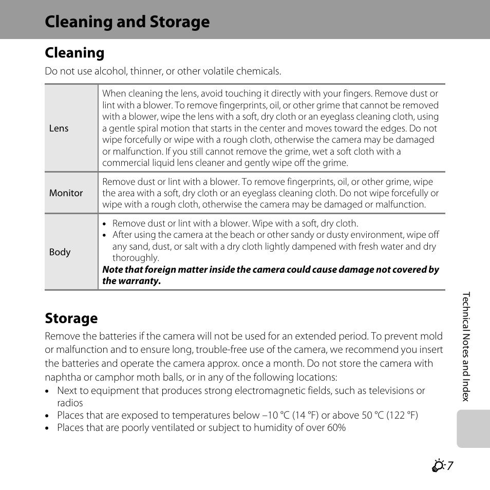 Cleaning and storage, Cleaning, Storage | F7 storage | Nikon L320 User Manual | Page 185 / 204