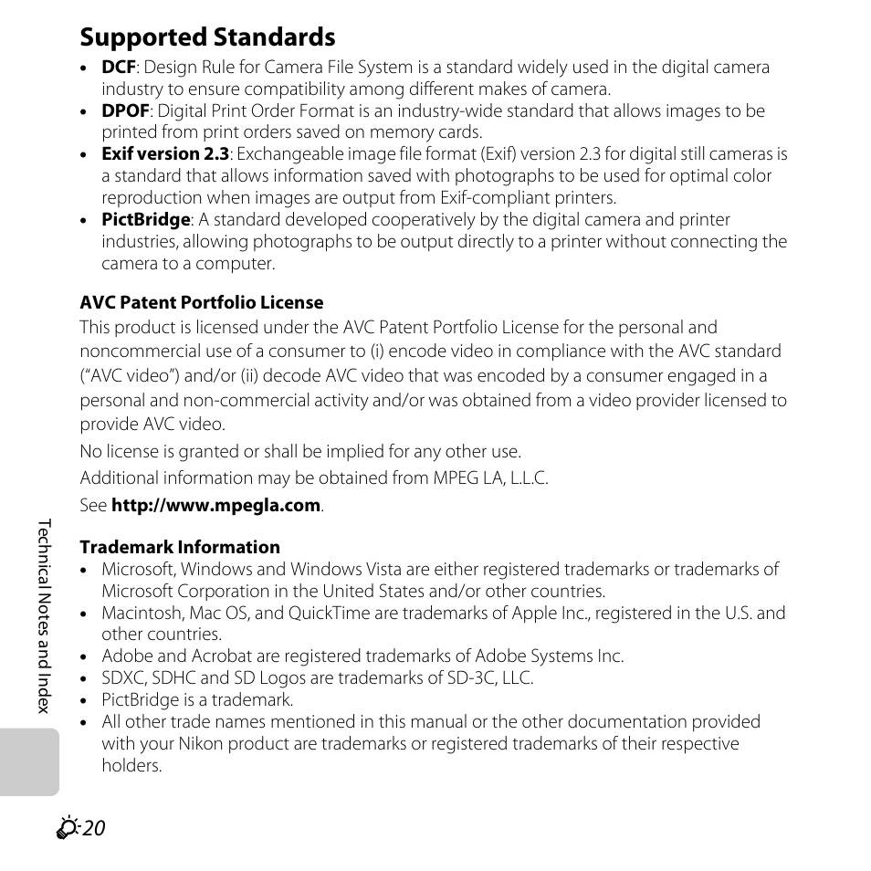 Supported standards, Ompatible, F20) printers ca | F20) printer’s, F20) printer, F20) that suppor | Nikon L320 User Manual | Page 198 / 204