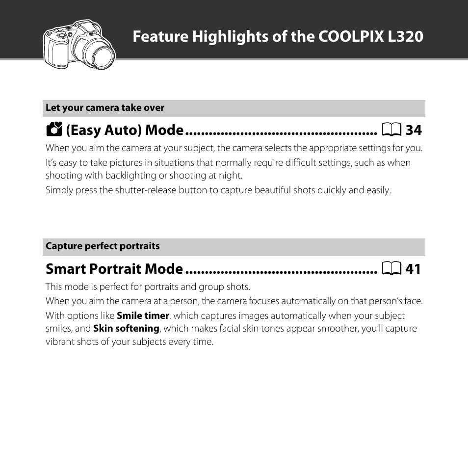 Feature highlights of the coolpix l320 | Nikon L320 User Manual | Page 2 / 204