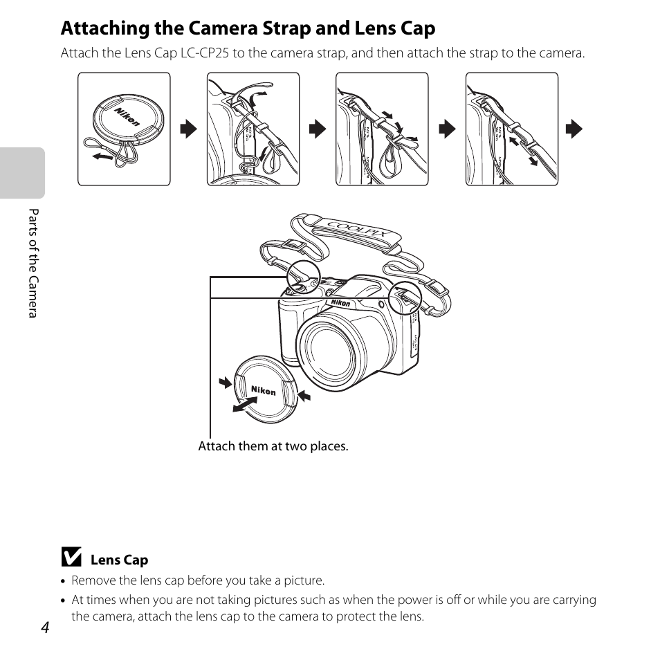 Attaching the camera strap and lens cap | Nikon L320 User Manual | Page 24 / 204