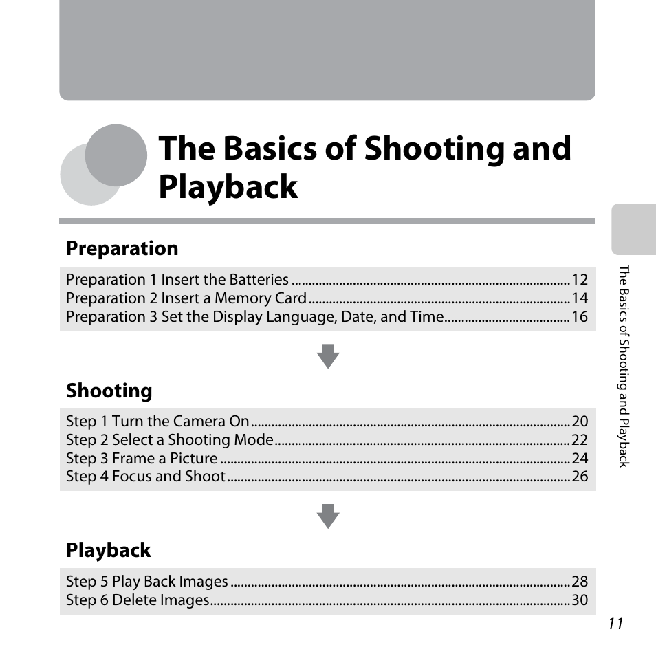 The basics of shooting and playback, A 11), E “the basics of shooting and | Playback, Preparation, Shooting | Nikon L320 User Manual | Page 31 / 204