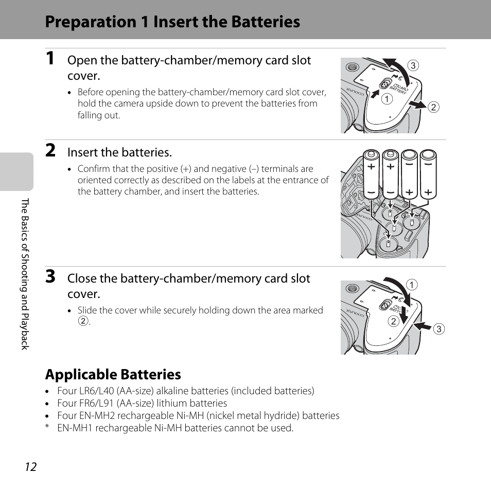 Preparation 1 insert the batteries, Applicable batteries | Nikon L320 User Manual | Page 32 / 204