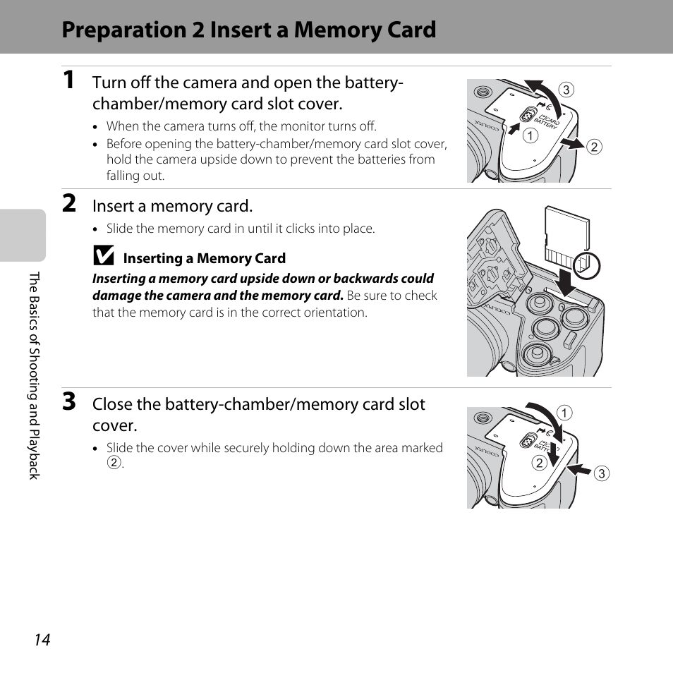 Preparation 2 insert a memory card | Nikon L320 User Manual | Page 34 / 204