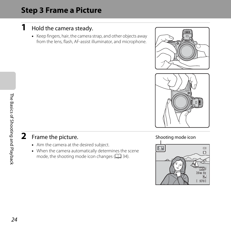 Step 3 frame a picture, Hold the camera steady, Frame the picture | Nikon L320 User Manual | Page 44 / 204