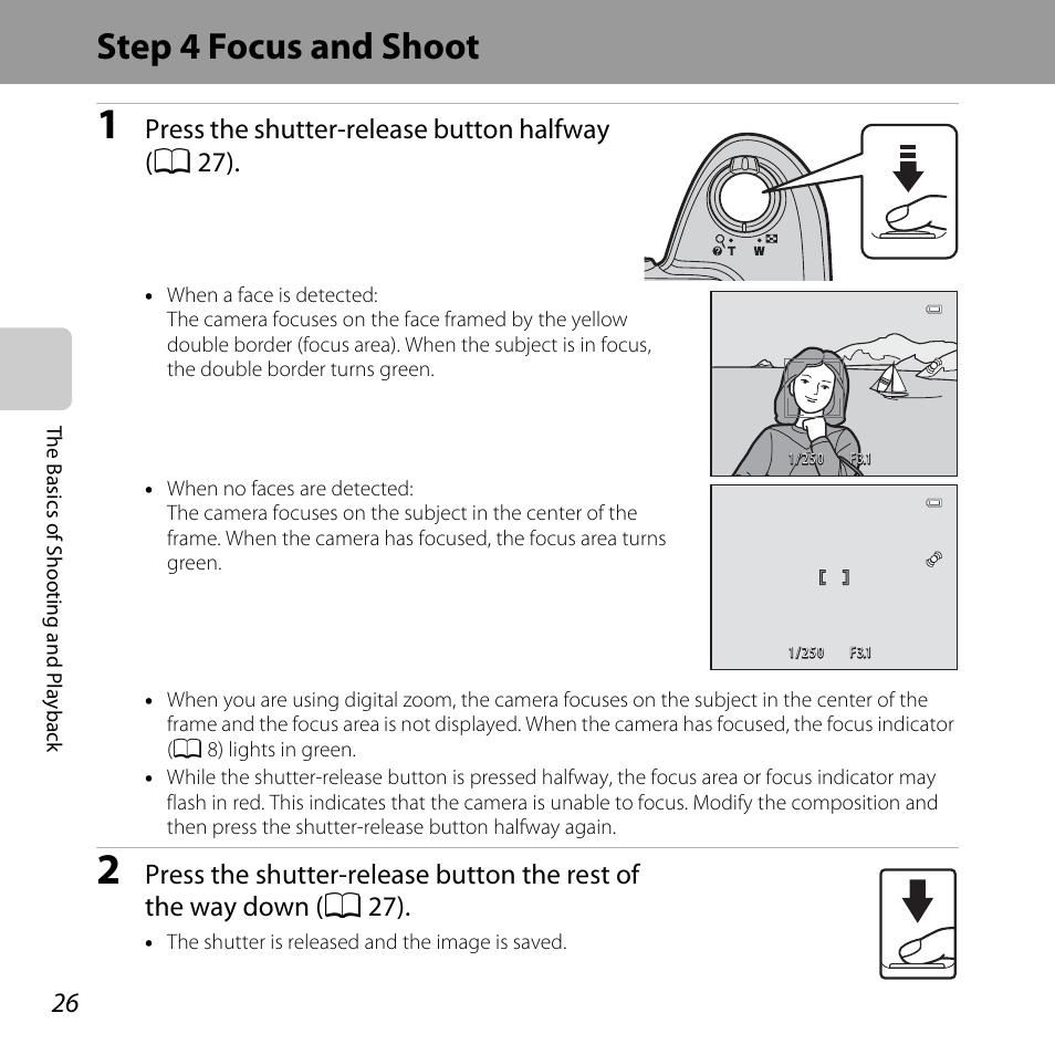Step 4 focus and shoot, Press the shutter-release button halfway (a 27) | Nikon L320 User Manual | Page 46 / 204