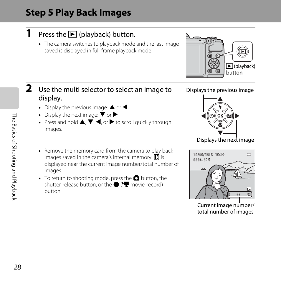 Step 5 play back images, Press the c (playback) button | Nikon L320 User Manual | Page 48 / 204