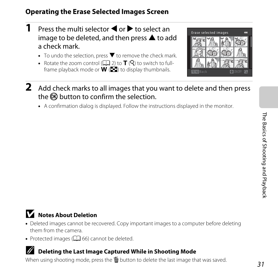 Operating the erase selected images screen | Nikon L320 User Manual | Page 51 / 204