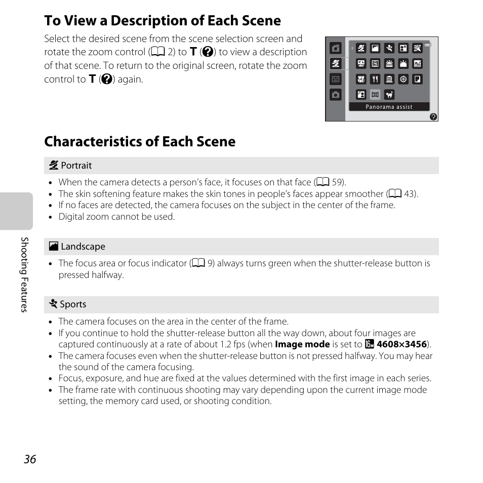 To view a description of each scene, Characteristics of each scene, A 36 | A 36) | Nikon L320 User Manual | Page 56 / 204