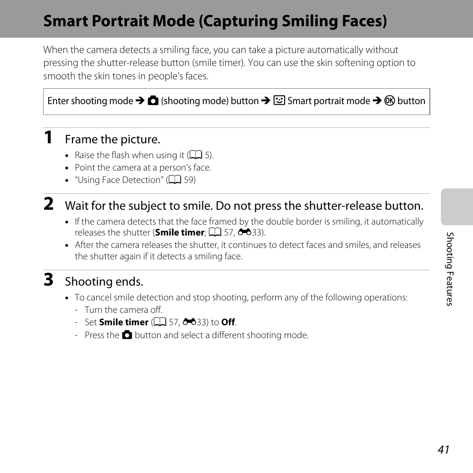 Smart portrait mode (capturing smiling faces), A 41) | Nikon L320 User Manual | Page 61 / 204