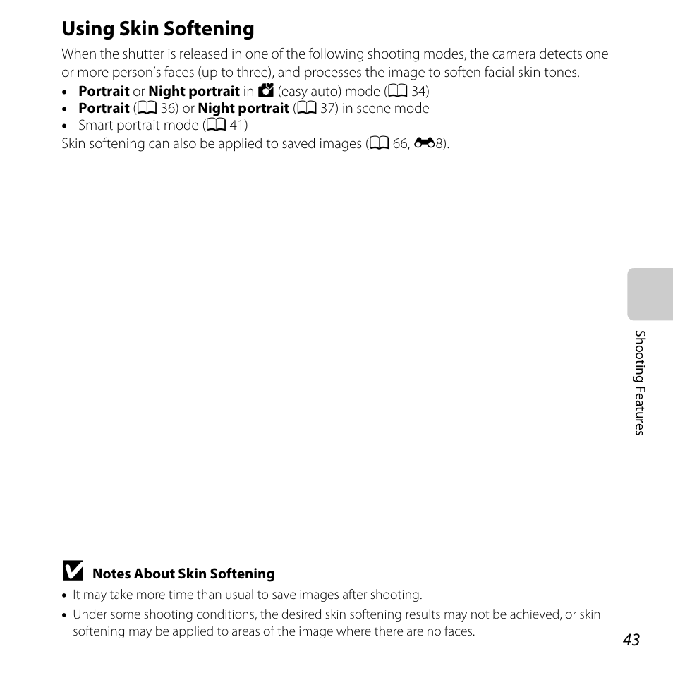 Using skin softening, A 43) | Nikon L320 User Manual | Page 63 / 204