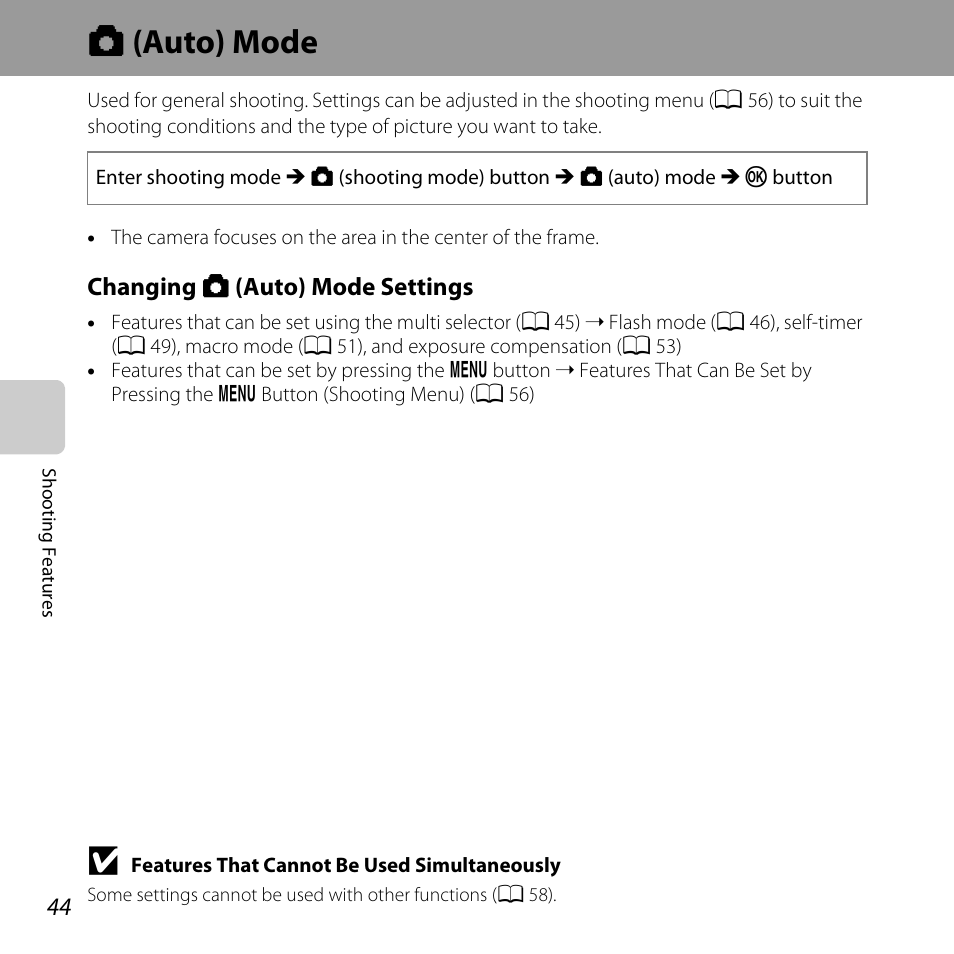 Auto mode, A (auto) mode, A 44) | Nikon L320 User Manual | Page 64 / 204