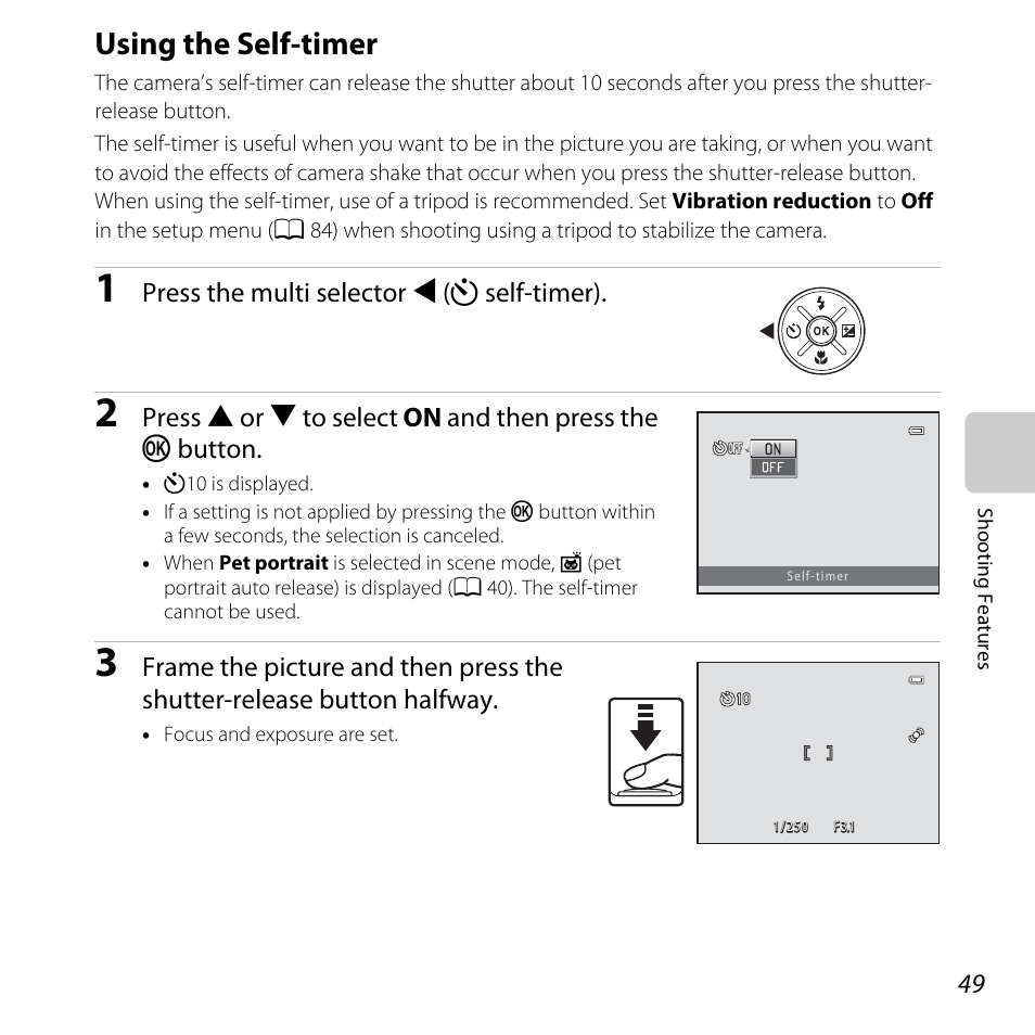 Using the self-timer, A 49, A 49), an | A 49), macr | Nikon L320 User Manual | Page 69 / 204