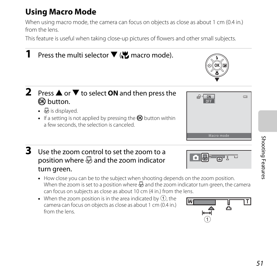 Using macro mode, A 51, A 51) is enable | A 51) is, A 51), and exposur, A 51) | Nikon L320 User Manual | Page 71 / 204