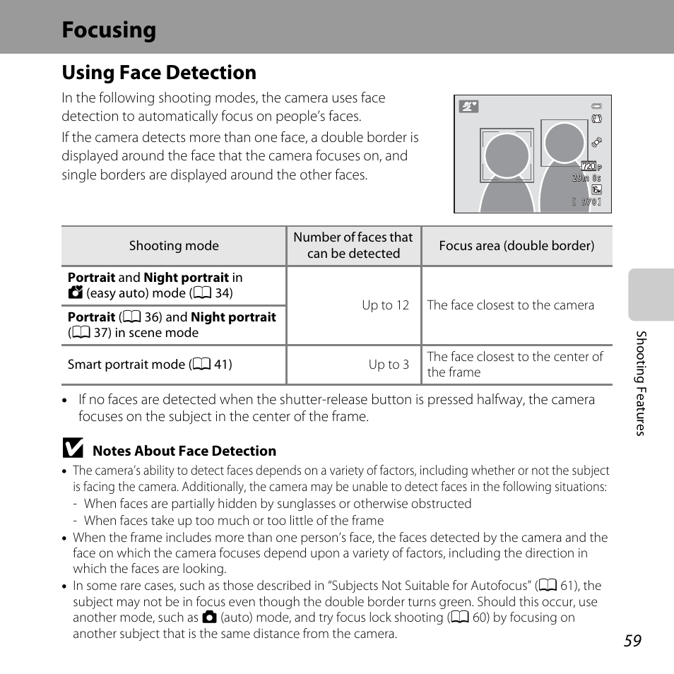 Focusing, Using face detection, A 59) | Ce (a 59), Using face detection” (a 59), Notes about face detection, A 59 | Nikon L320 User Manual | Page 79 / 204