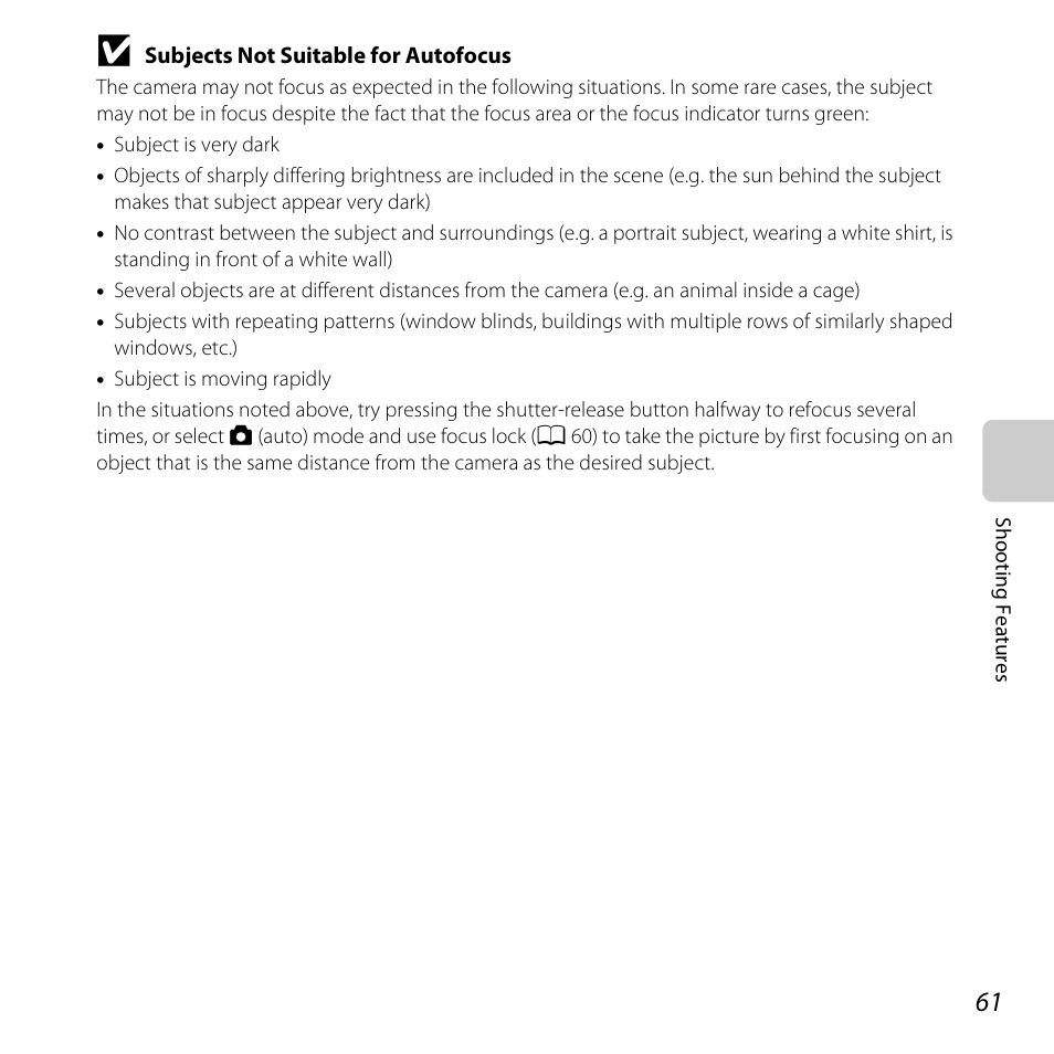 Subjects not suitable for autofocus, A 61, Subjects not suitable for autofocus” (a 61), the | Nikon L320 User Manual | Page 81 / 204