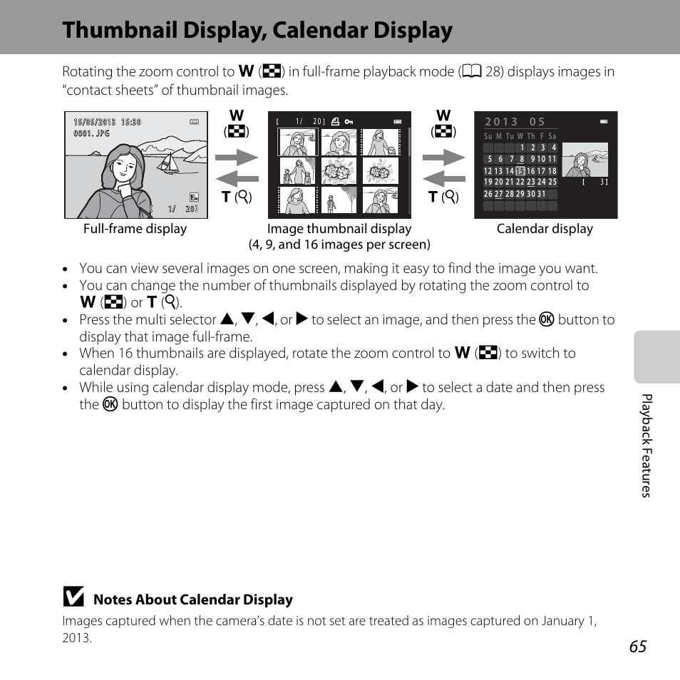 Thumbnail display, calendar display, A 65 | Nikon L320 User Manual | Page 85 / 204