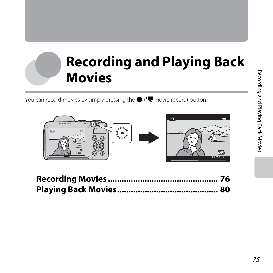 Recording and playing back movies, Recording movies playing back movies | Nikon L320 User Manual | Page 95 / 204