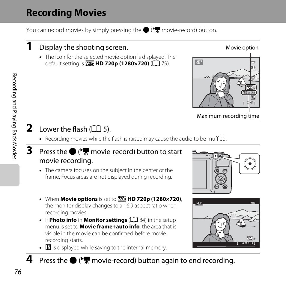 Recording movies | Nikon L320 User Manual | Page 96 / 204