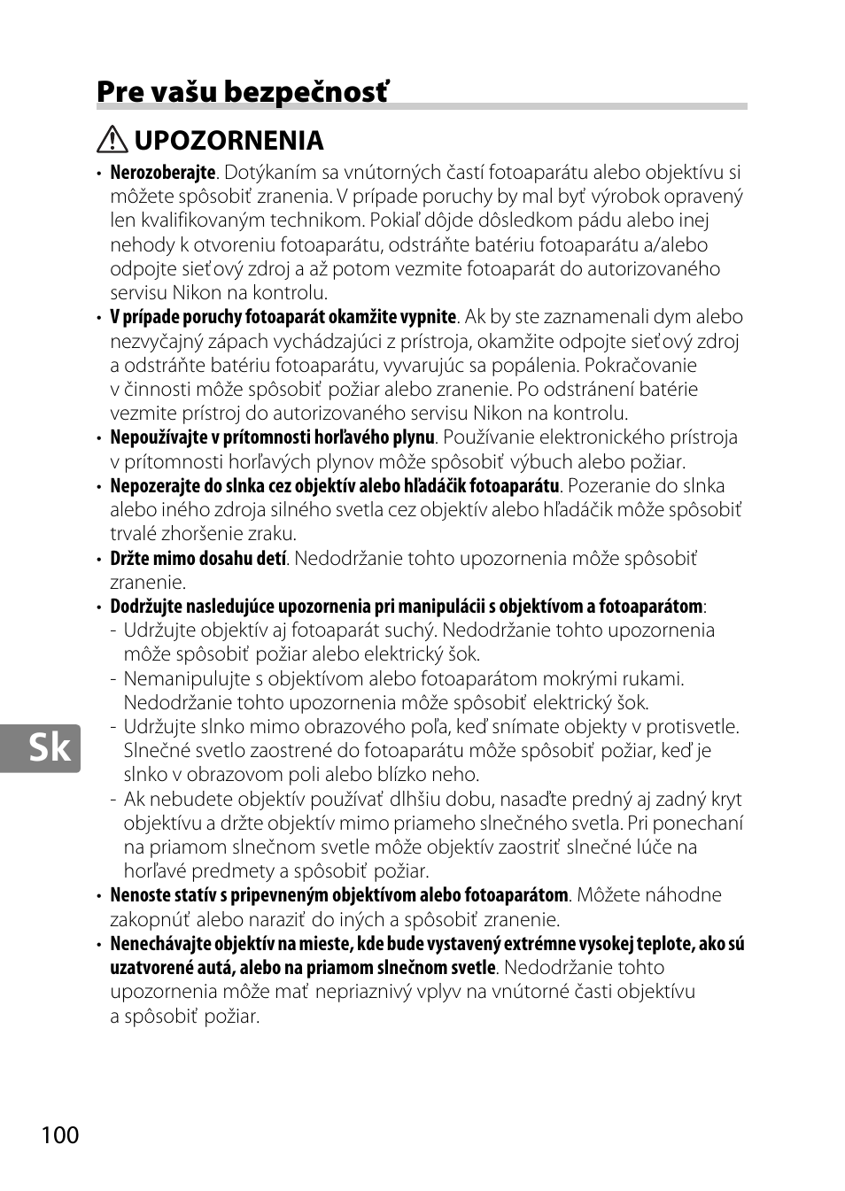Pre vašu bezpečnosť, Upozornenia | Nikon AF-S 50mm f-1.8G User Manual | Page 100 / 164