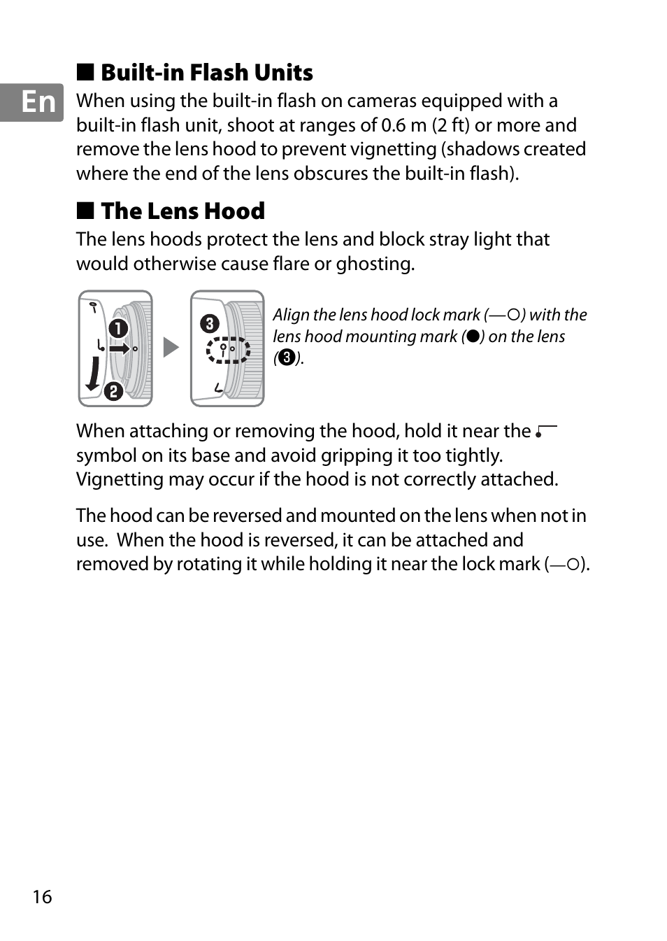 Built-in flash units, The lens hood | Nikon AF-S 50mm f-1.8G User Manual | Page 16 / 164