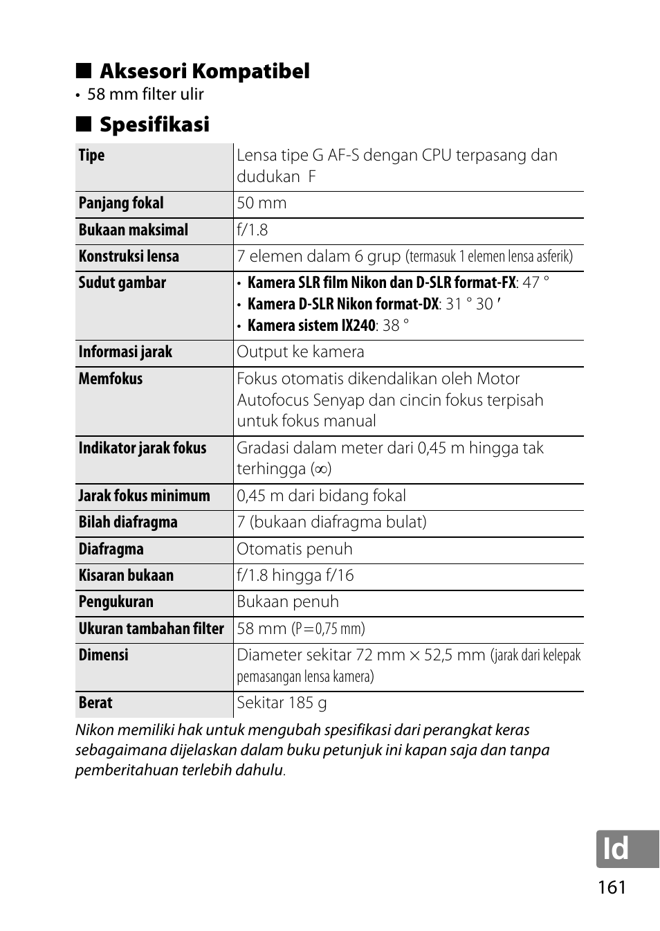 Aksesori kompatibel, Spesifikasi | Nikon AF-S 50mm f-1.8G User Manual | Page 161 / 164