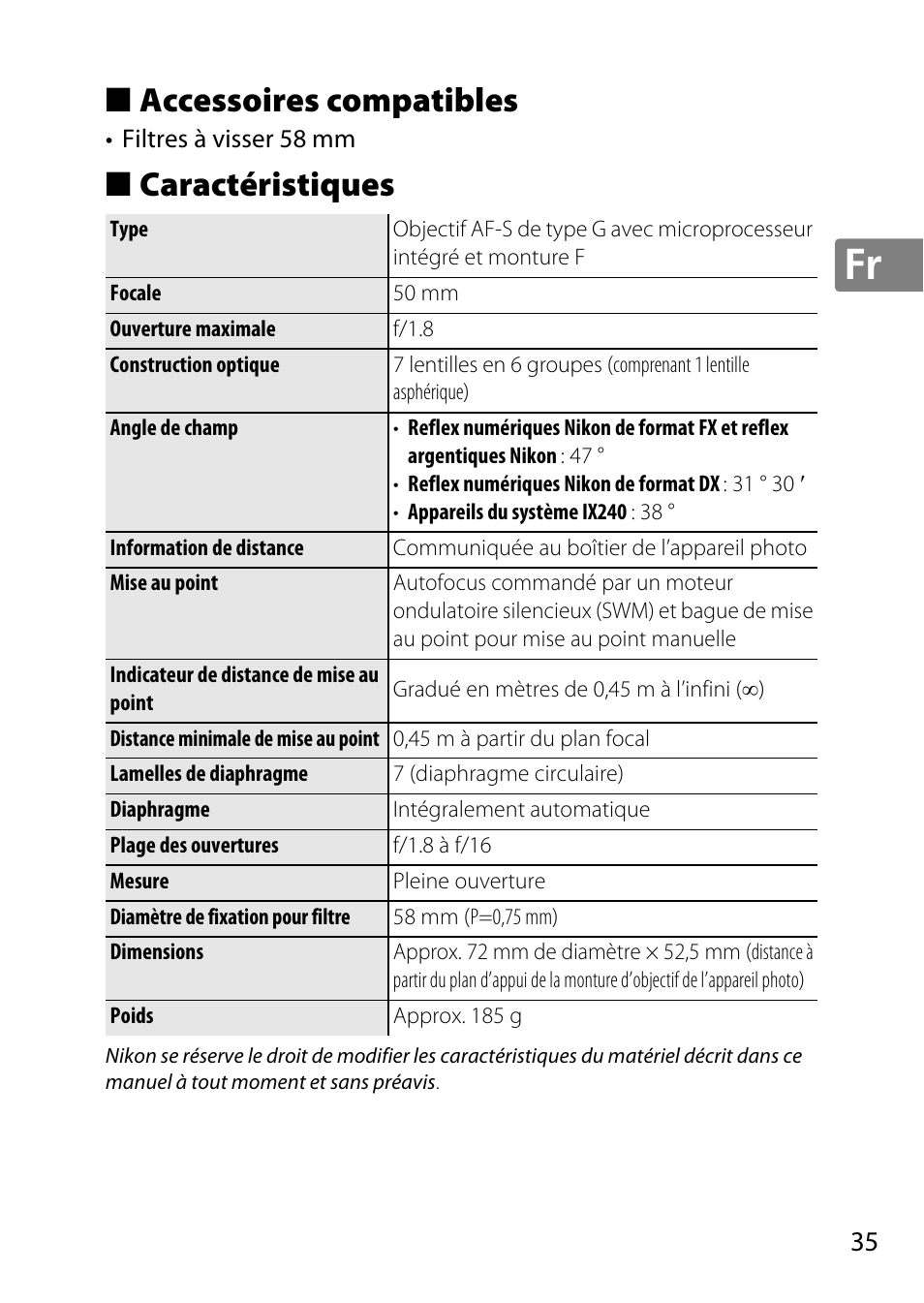 Accessoires compatibles, Caractéristiques | Nikon AF-S 50mm f-1.8G User Manual | Page 35 / 164