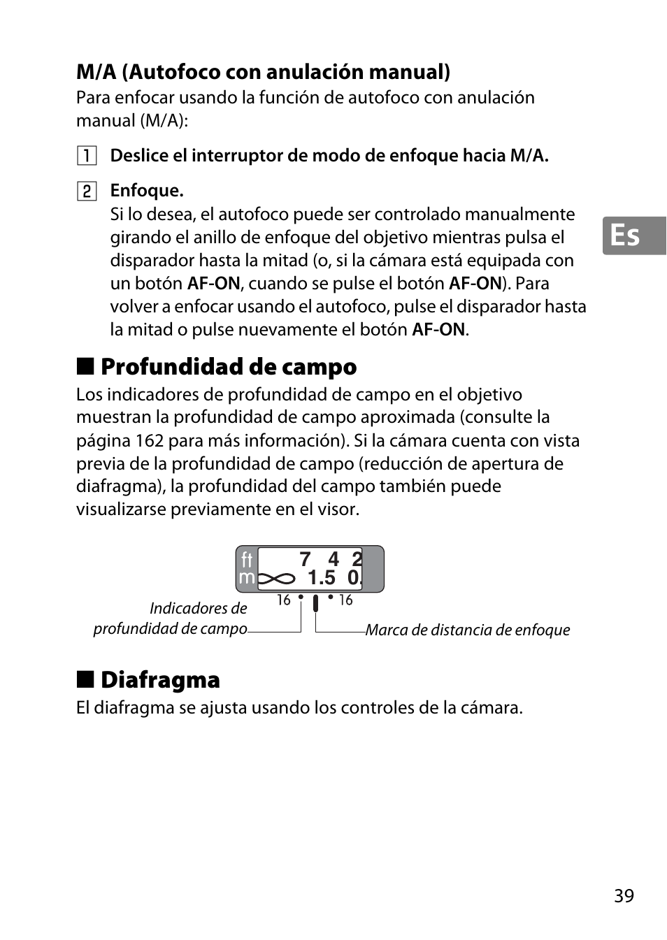 M/a (autofoco con anulación manual), Profundidad de campo, Diafragma | Nikon AF-S 50mm f-1.8G User Manual | Page 39 / 164