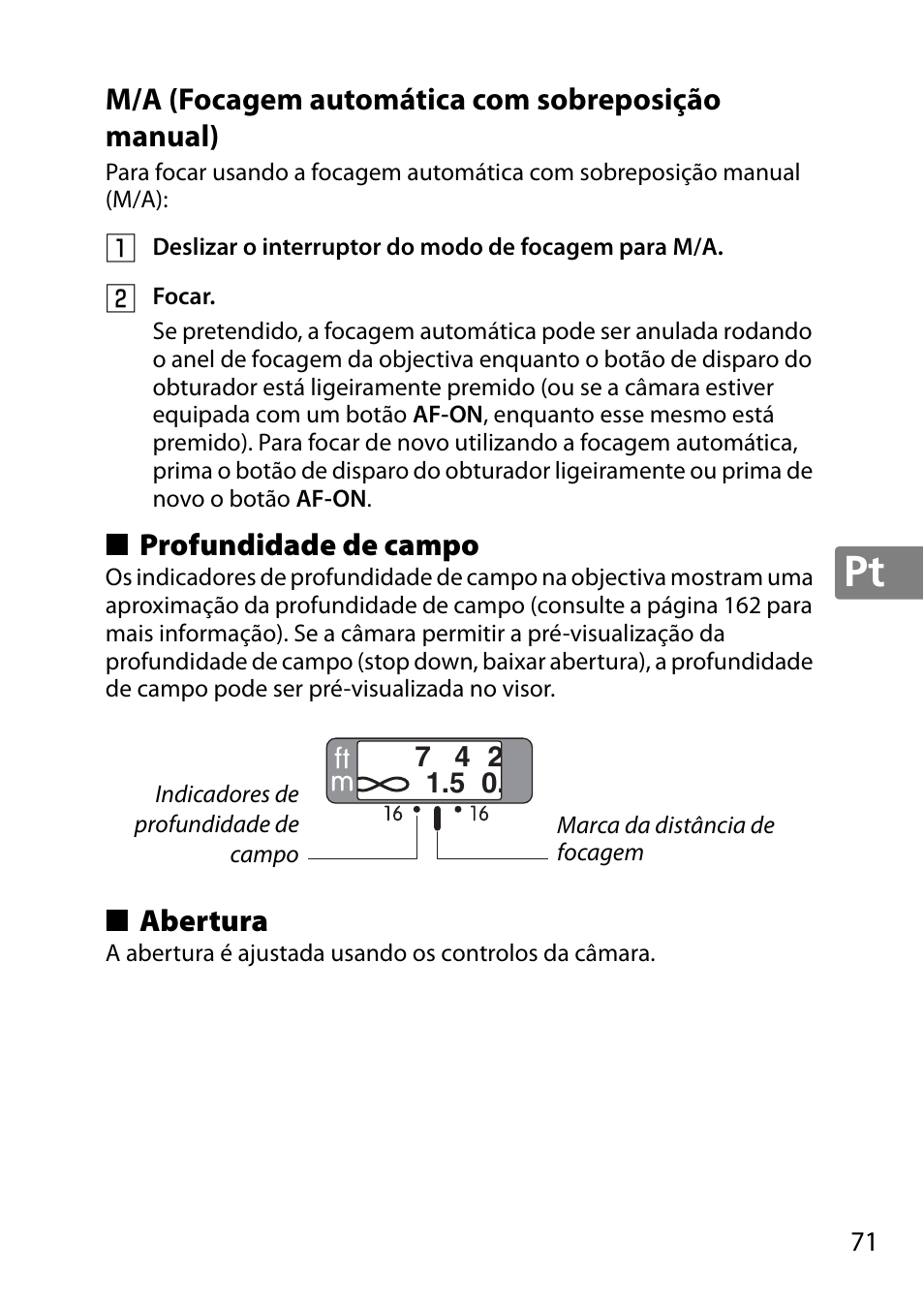 M/a (focagem automática com sobreposição manual), Profundidade de campo, Abertura | Nikon AF-S 50mm f-1.8G User Manual | Page 71 / 164