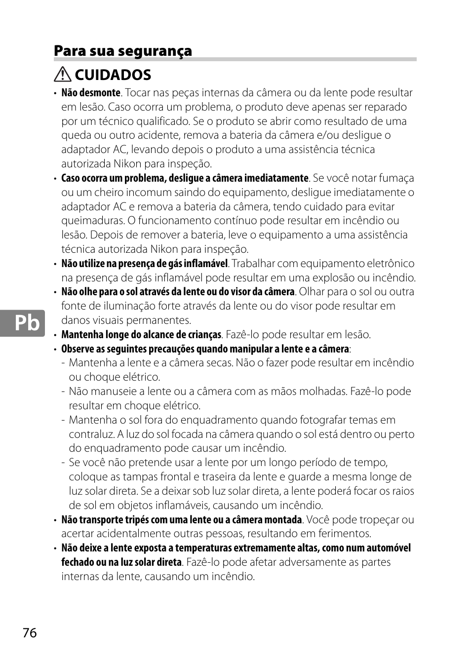 Para sua segurança, Cuidados | Nikon AF-S 50mm f-1.8G User Manual | Page 76 / 164