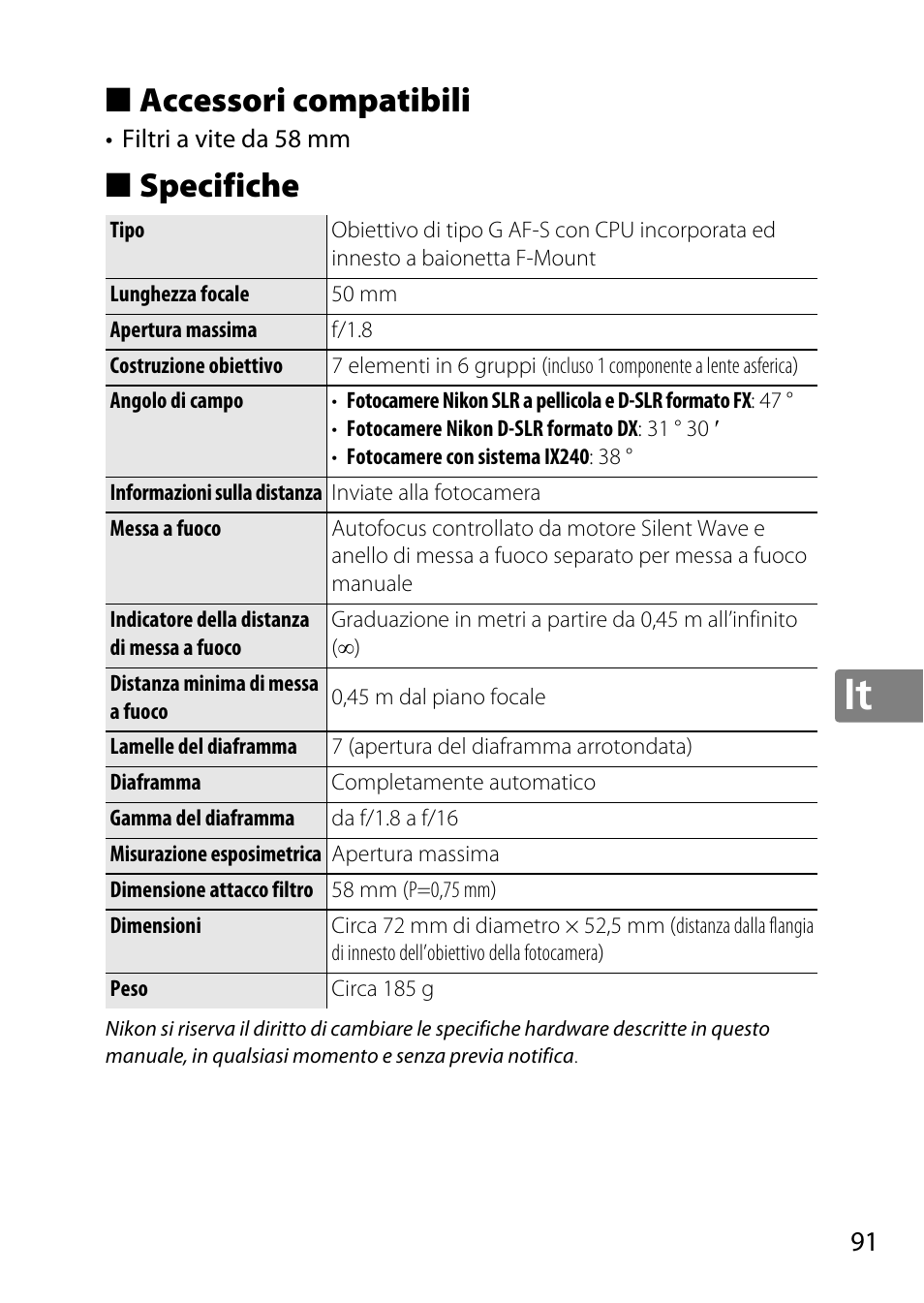 Accessori compatibili, Specifiche | Nikon AF-S 50mm f-1.8G User Manual | Page 91 / 164