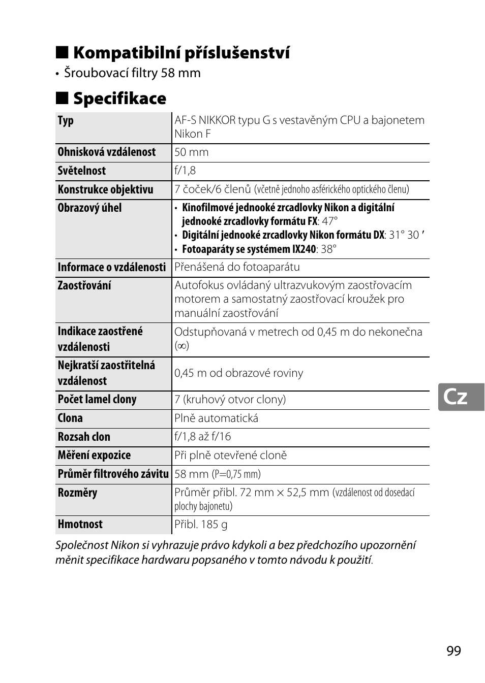 Kompatibilní příslušenství, Specifikace | Nikon AF-S 50mm f-1.8G User Manual | Page 99 / 164
