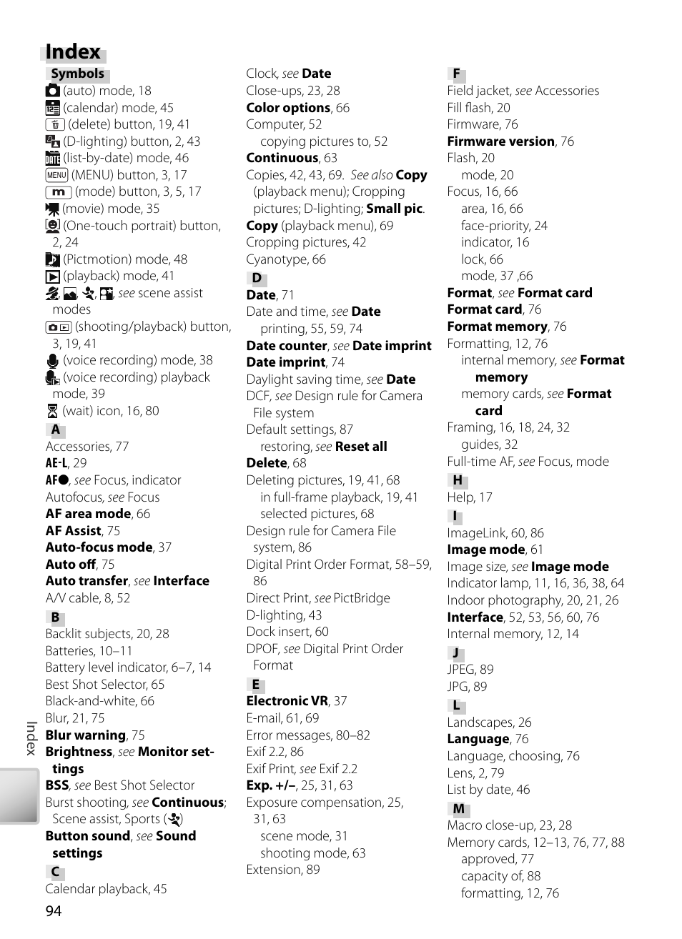 Index | Nikon S5 User Manual | Page 104 / 108