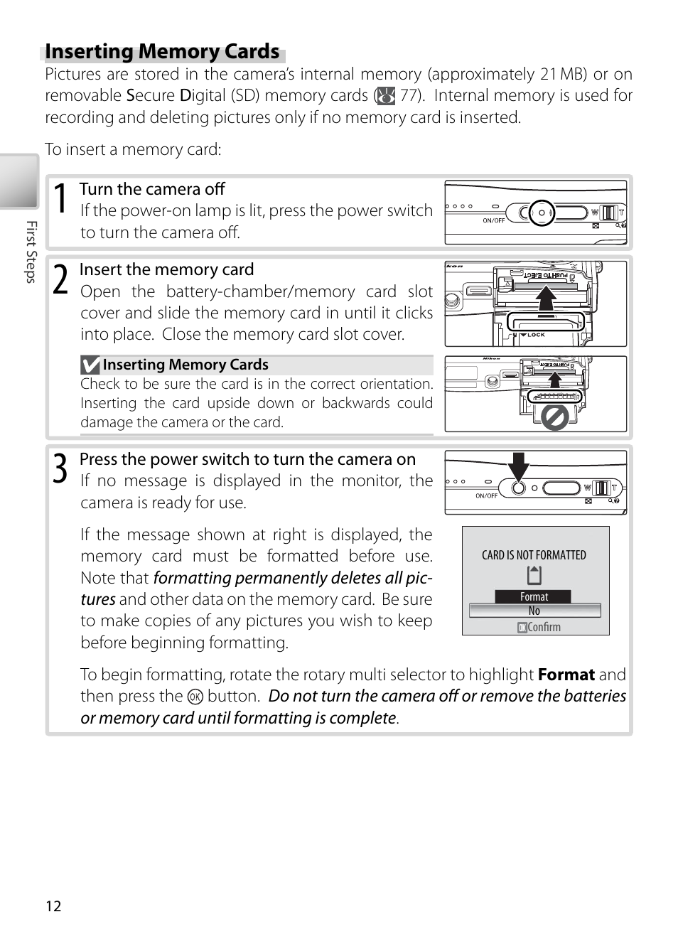 Inserting memory cards | Nikon S5 User Manual | Page 22 / 108