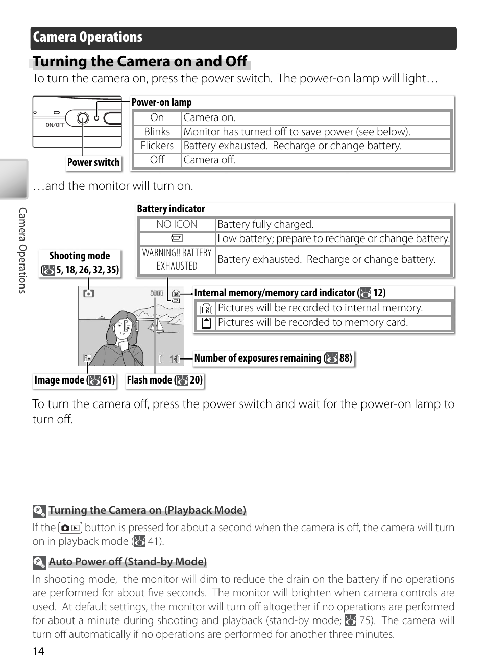 Camera operations, Turning the camera on and off, Camera operations turning the camera on and oﬀ | Nikon S5 User Manual | Page 24 / 108