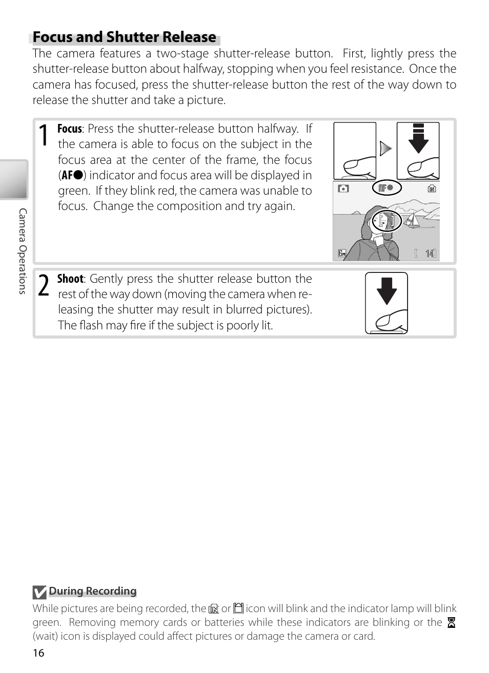 Focus and shutter release | Nikon S5 User Manual | Page 26 / 108