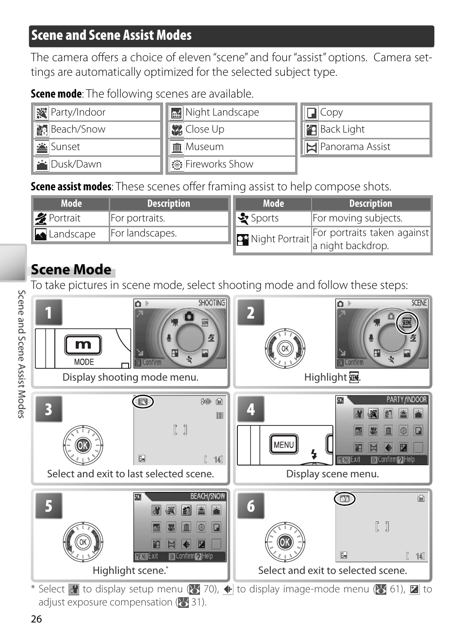 Scene and scene assist modes, Scene mode | Nikon S5 User Manual | Page 36 / 108