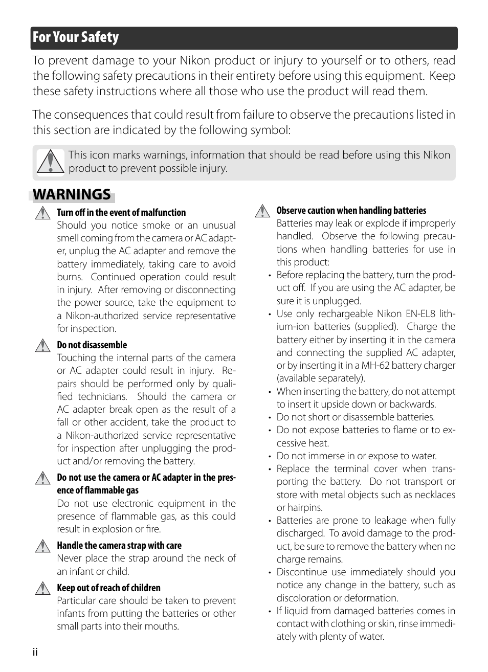 For your safety, Warnings | Nikon S5 User Manual | Page 4 / 108