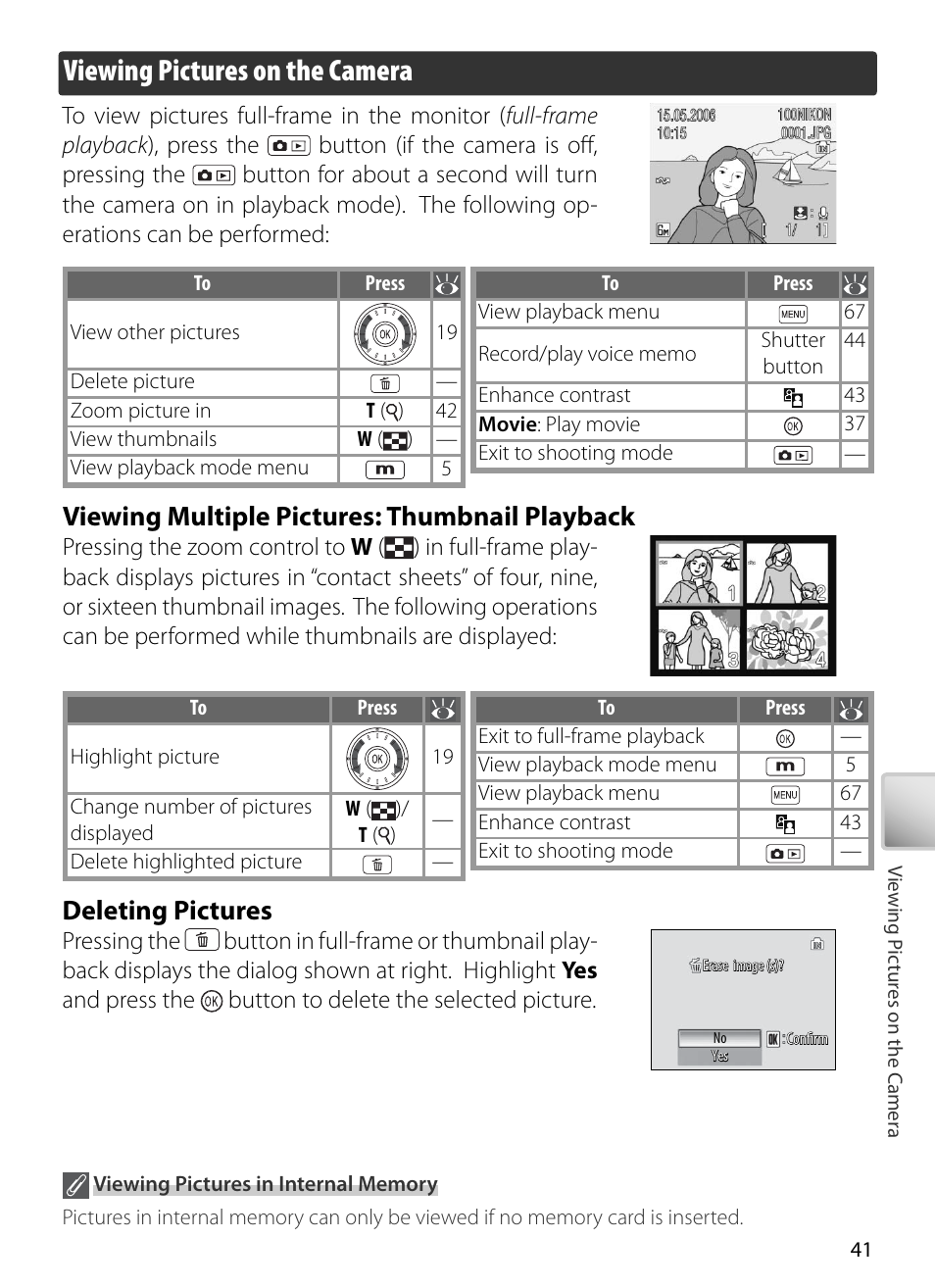 Viewing pictures on the camera, Viewing multiple pictures: thumbnail playback, Deleting pictures | Nikon S5 User Manual | Page 51 / 108