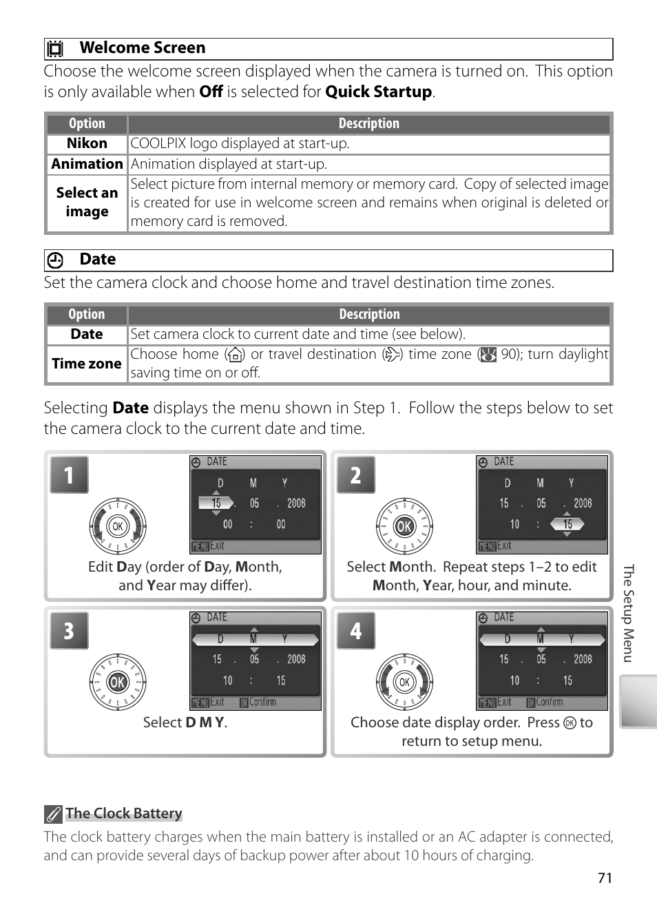 Welcome screen, Date | Nikon S5 User Manual | Page 81 / 108