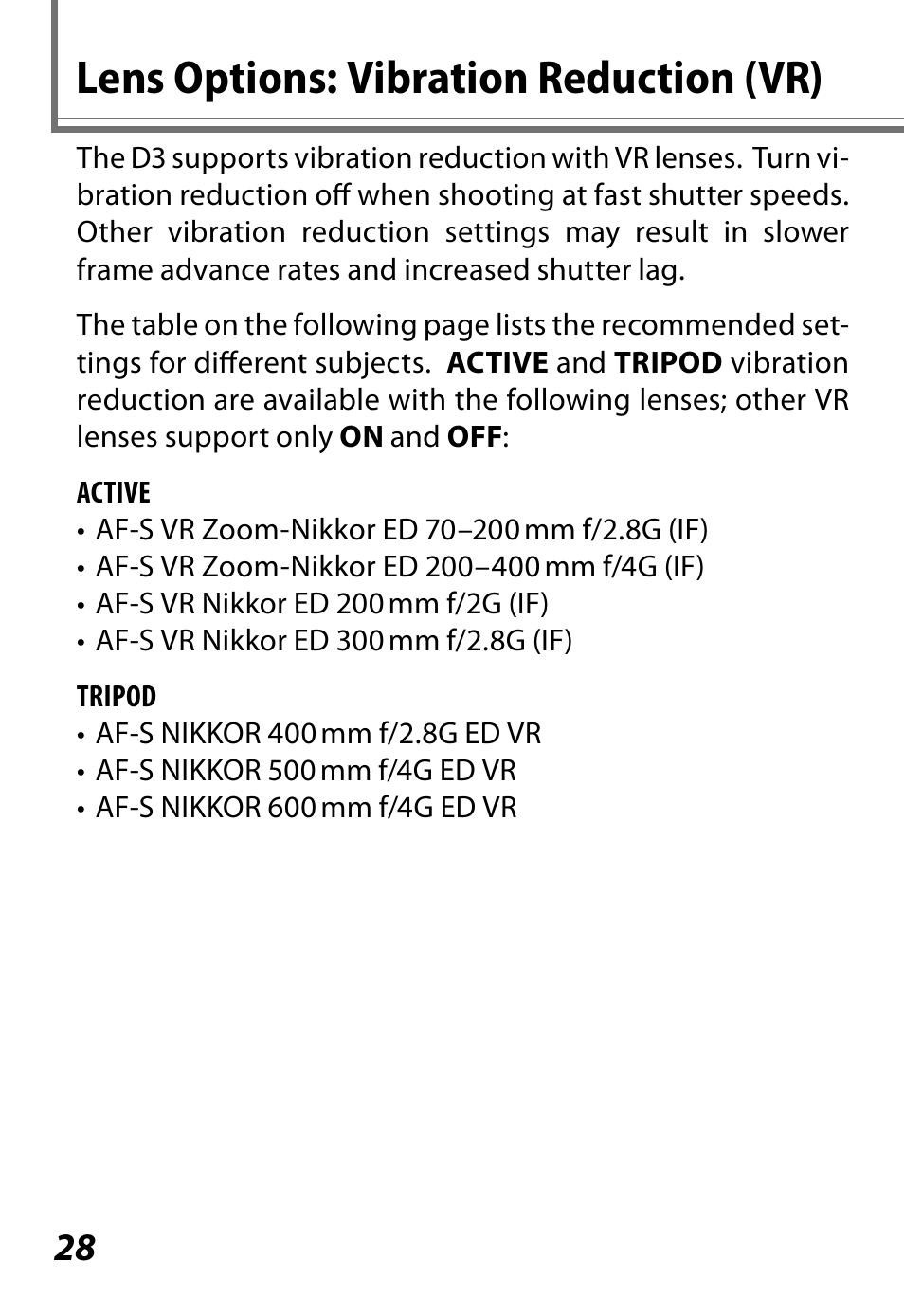 Lens options: vibration reduction (vr) | Nikon D3 User Manual | Page 28 / 32