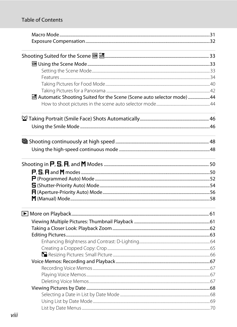 Viii | Nikon S710 User Manual | Page 10 / 172