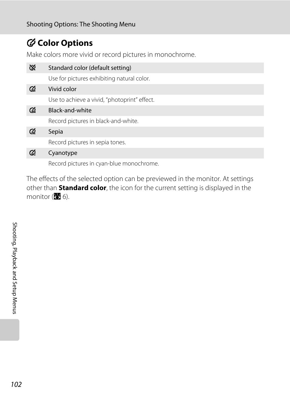 Color options, F color options, A 102 | Fcolor options | Nikon S710 User Manual | Page 114 / 172