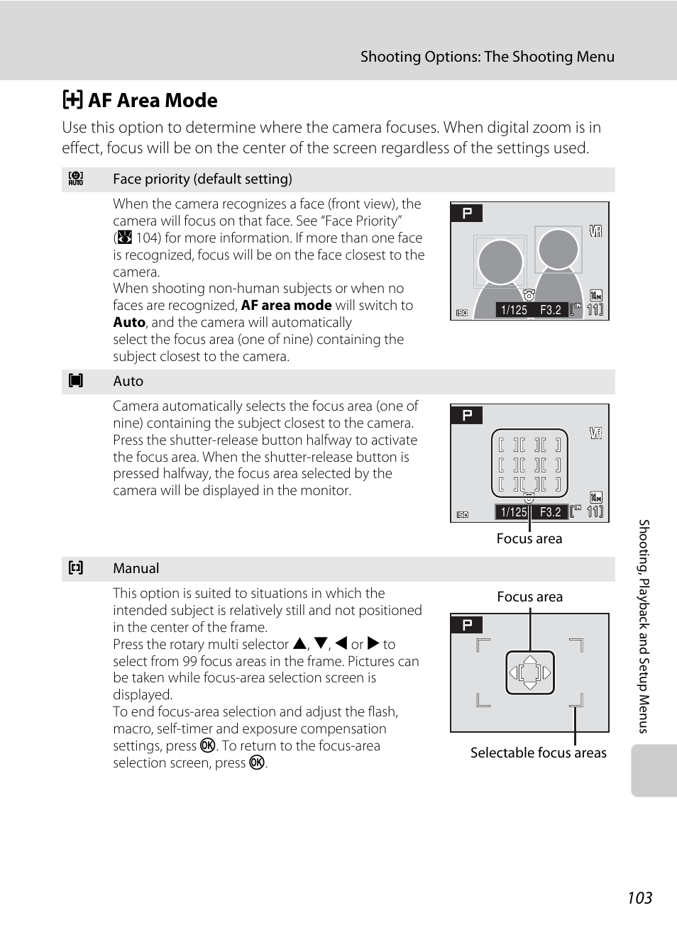 Af area mode, G af area mode, A 103) | A 103, A 103) is, Gaf area mode | Nikon S710 User Manual | Page 115 / 172
