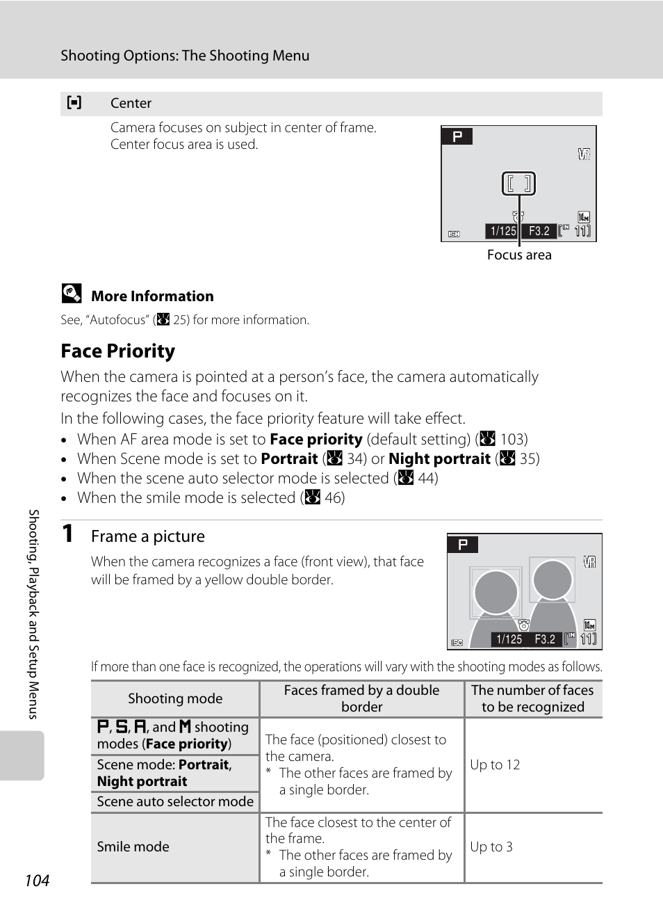 E “face priority, A 104), Face priority | A 104) for, A 104) will be, Frame a picture | Nikon S710 User Manual | Page 116 / 172