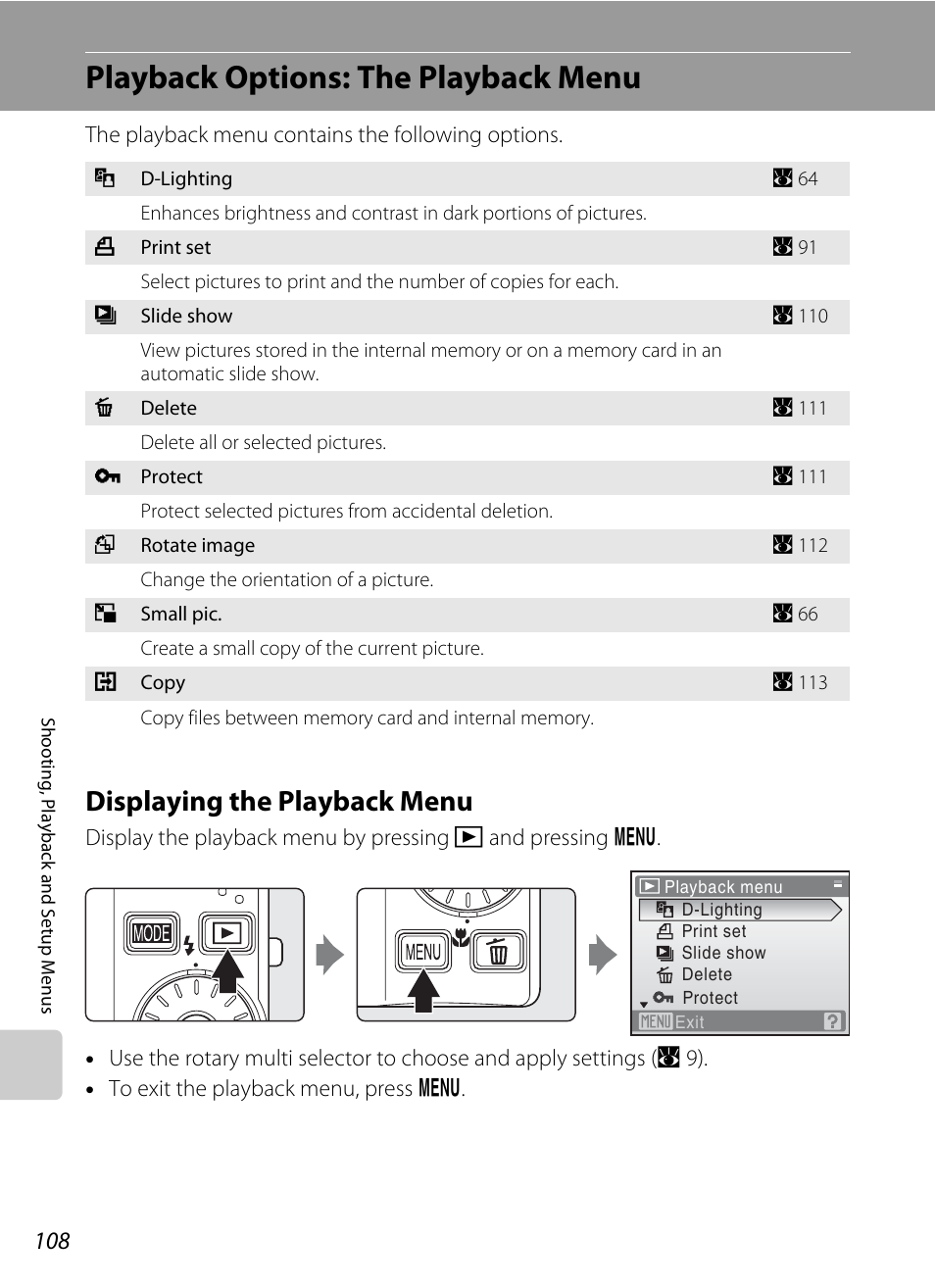 Playback options: the playback menu, Displaying the playback menu, Nu (a 108) | Playback menu (a 108) | Nikon S710 User Manual | Page 120 / 172