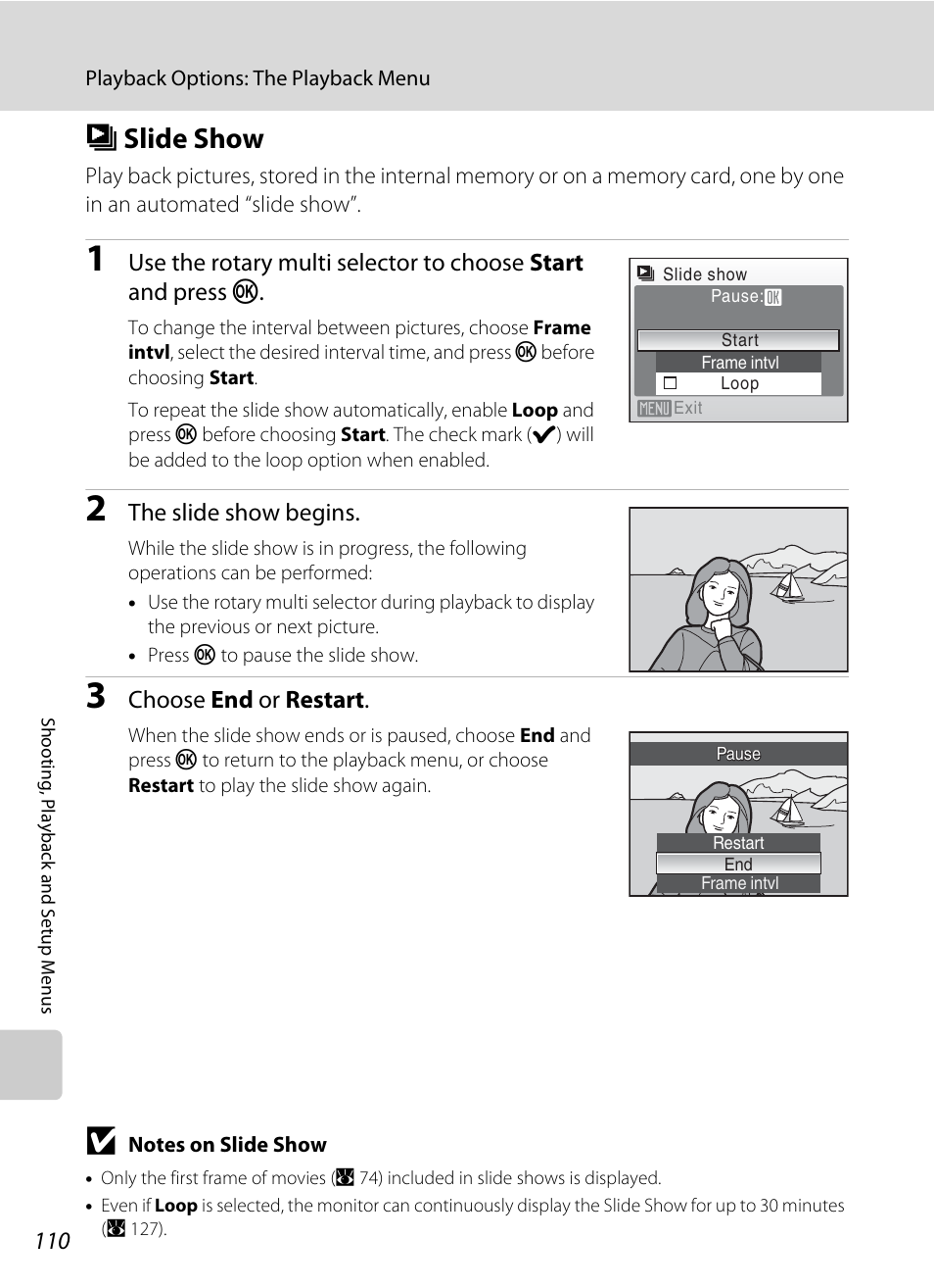 Slide show, B slide show, A 110 | Bslide show | Nikon S710 User Manual | Page 122 / 172