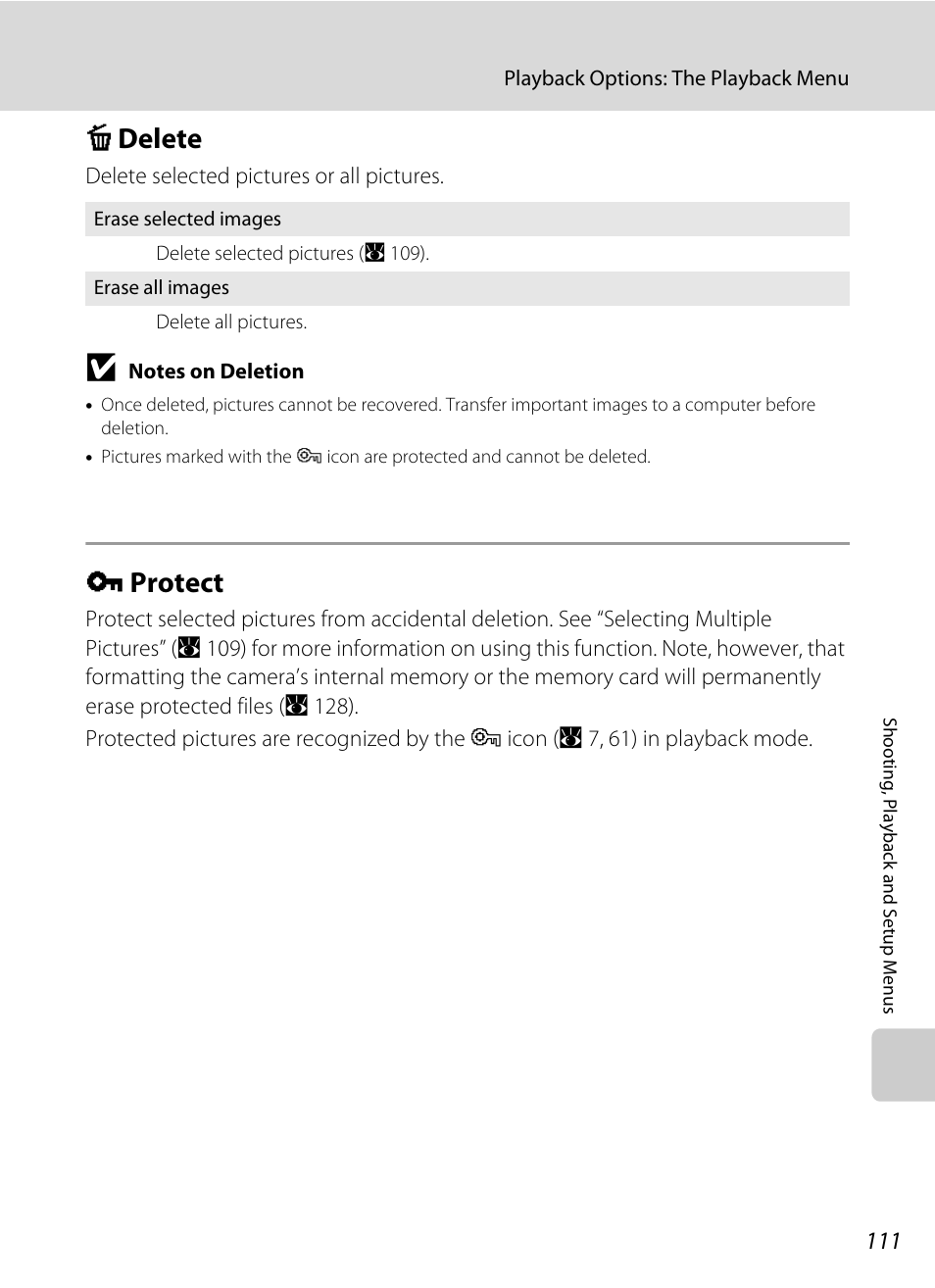 Delete, Protect, C delete d protect | A 111), A 111) are, Ting (a 111) as the, A 111, Cdelete, Dprotect | Nikon S710 User Manual | Page 123 / 172