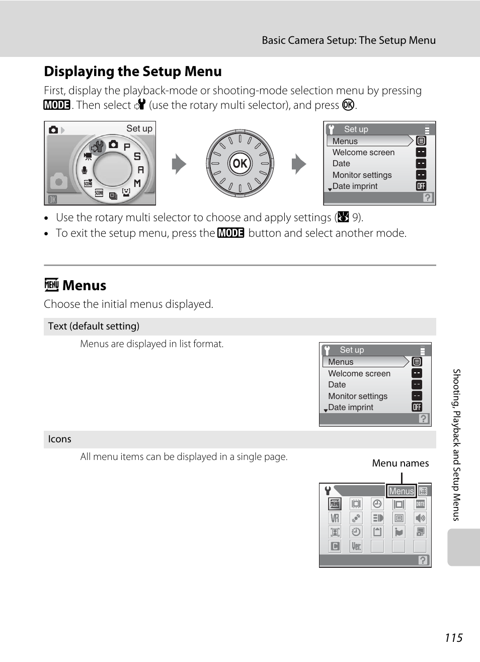 Displaying the setup menu, Menus, Displaying the setup menu a menus | A 115) will choo, A 115), A 115, Amenus | Nikon S710 User Manual | Page 127 / 172