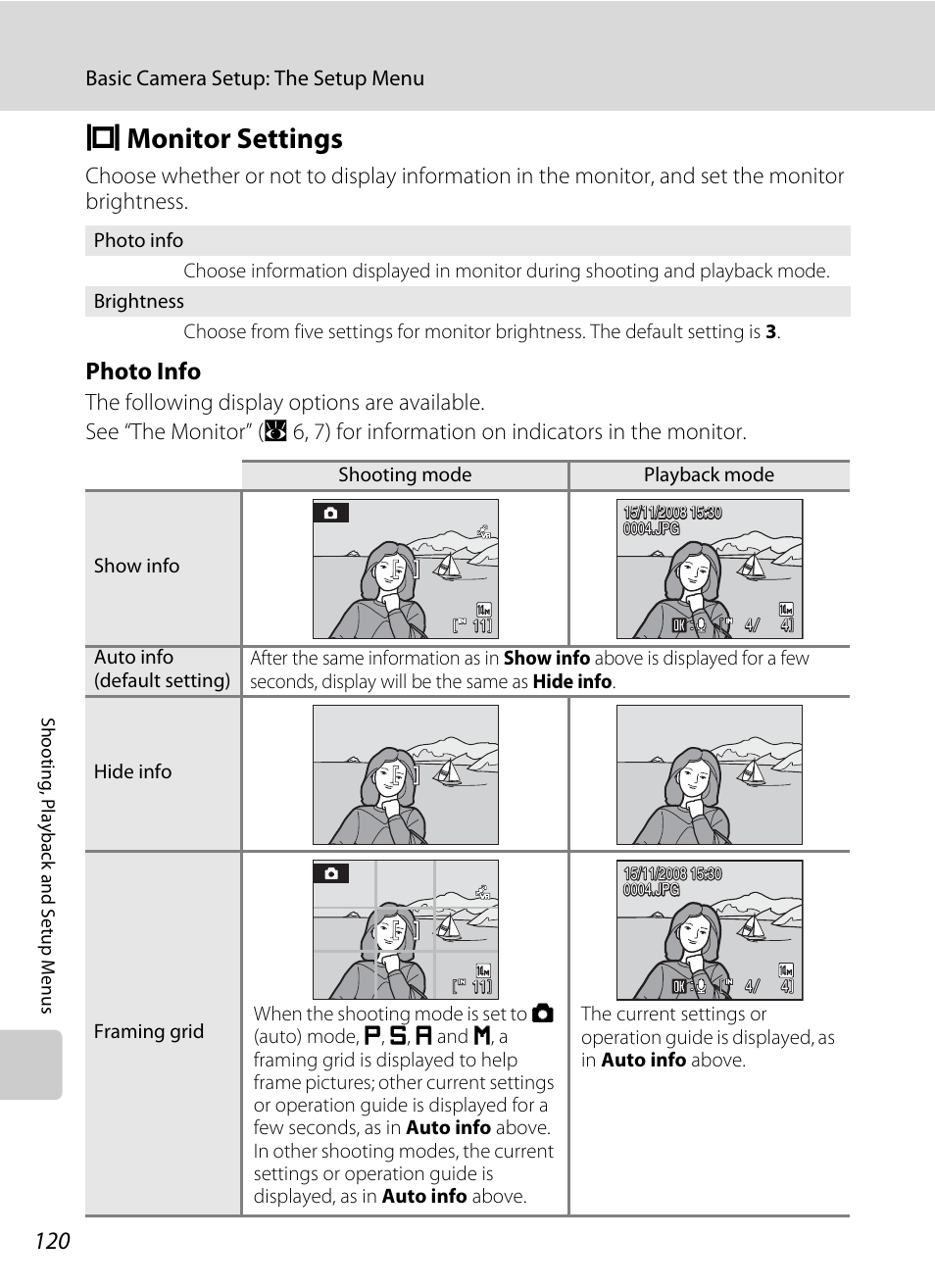 Monitor settings, E monitor settings, A 120) | A 120, Emonitor settings, Photo info | Nikon S710 User Manual | Page 132 / 172