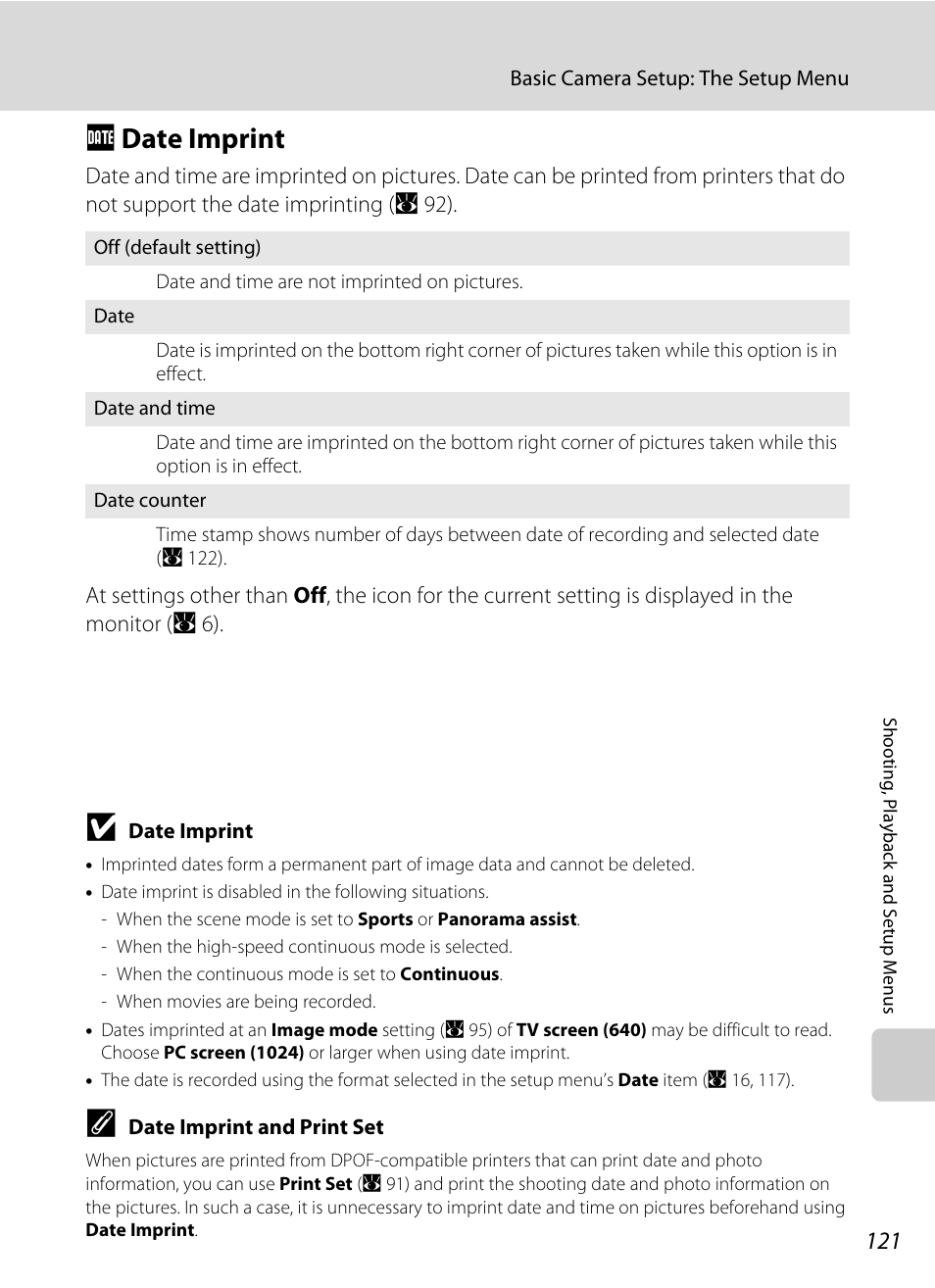 Date imprint, F date imprint, A 121 | Fdate imprint | Nikon S710 User Manual | Page 133 / 172